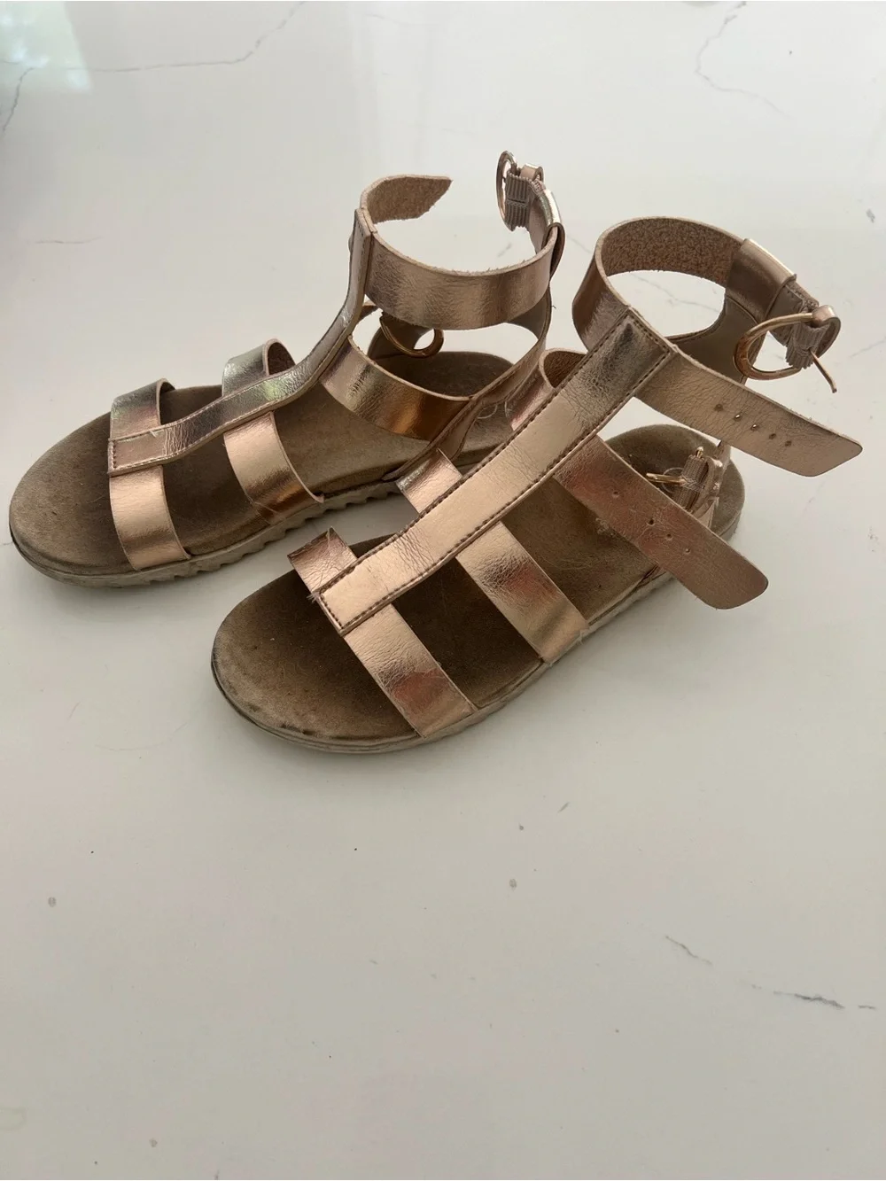 Girls Metallic Rose Gold Strappy Flat Sandals with Ankle Buckle
